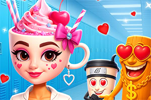 Personaje con cabeza de taza de helado rosa con detalles románticos y expresiones de amor, acompañado de otras figuras animadas con emojis de corazón en los ojos
