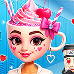 Personaje con cabeza de taza de helado rosa con detalles románticos y expresiones de amor, acompañado de otras figuras animadas con emojis de corazón en los ojos