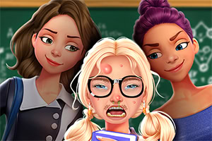 Tres jóvenes en estilo caricatura en un salón de clases, con una chica rubia al centro usando lentes y frenillos