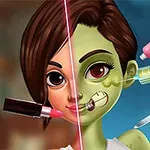 Persona en proceso de transformación con rostro dividido, mostrando maquillaje y herramientas cosméticas