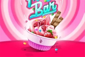 Helado de yogur rosa con frutas, chispas de colores y barquillos en un fondo rosa con texto en la parte superior
