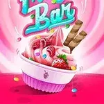 Helado de yogur rosa con frutas, chispas de colores y barquillos en un fondo rosa con texto en la parte superior