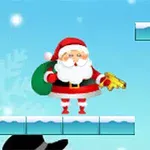 Santa Claus sosteniendo una pistola dorada sobre una plataforma nevada con fondo azul y copos de nieve