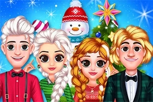 Cuatro personajes con atuendos festivos frente a un árbol de Navidad y un muñeco de nieve, sobre un fondo azul con estrellas