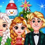 Cuatro personajes con atuendos festivos frente a un árbol de Navidad y un muñeco de nieve, sobre un fondo azul con estrellas