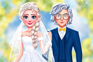 Una pareja de figuras animadas vestida para una boda, con la novia en un vestido blanco y el novio en un traje azul