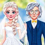 Una pareja de figuras animadas vestida para una boda, con la novia en un vestido blanco y el novio en un traje azul