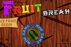 Texto colorido sobre un fondo de madera con una sandía en el centro rodeada de un menú circular que dice New Game