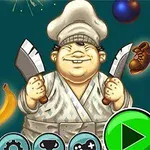 Chef caricaturesco con cuchillos en las manos, rodeado de objetos como un plátano, una pelota y un zapato, con un botón de inicio verde