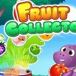 Dinosaurio morado sonriente sosteniendo una fruta roja junto a frutas voladoras bajo un cielo azul, con el texto Fruit Collector en letras coloridas