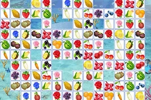 Azulejos cuadrados con diversas frutas y flores sobre un fondo azul acuático