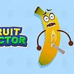Un plátano caricaturizado con expresión de dolor y un cuchillo en el centro sobre un fondo azul claro, junto al texto colorido FRUIT DOCTOR