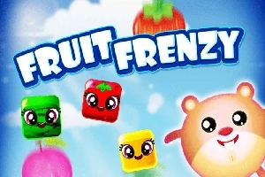 Cubos de frutas sonrientes y un personaje animado se encuentran sobre un fondo azul con nubes esponjosas