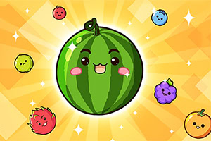 Frutas caricaturizadas con expresiones sonrientes, destacando una sandía en el centro, rodeadas por un fondo amarillo brillante