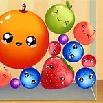 Frutas y bayas animadas con caras sonrientes y expresivas en un fondo interior
