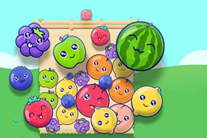 Frutas coloridas y caricaturescas con rostros felices en un paisaje verde con cielo azul
