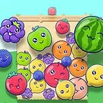 Frutas coloridas y caricaturescas con rostros felices en un paisaje verde con cielo azul