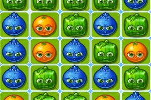 Frutas y vegetales animados, como naranjas, moras azules y pimientos verdes, organizados en una cuadrícula en un fondo verde
