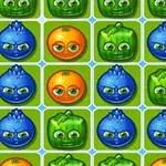 Frutas y vegetales animados, como naranjas, moras azules y pimientos verdes, organizados en una cuadrícula en un fondo verde