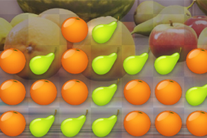 Frutas brillantes con peras y naranjas sobre un fondo de otras frutas difuminadas