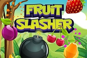 Frutas coloridas y una bomba frente a un fondo verde con un árbol, acompañado del texto Fruit Slasher