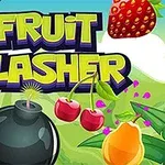 Frutas coloridas y una bomba frente a un fondo verde con un árbol, acompañado del texto Fruit Slasher