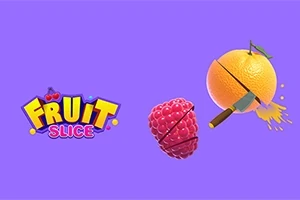Sobre un fondo morado, una naranja y una frambuesa están siendo cortadas por un cuchillo
