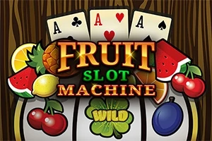 Cartas de póker y frutas coloridas con el texto Fruit Slot Machine en el centro de una máquina tragamonedas
