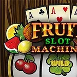 Cartas de póker y frutas coloridas con el texto Fruit Slot Machine en el centro de una máquina tragamonedas