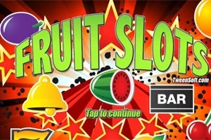 Texto colorido FRUIT SLOTS con gráficos de frutas, campana y símbolo de bar sobre un fondo de estrellas y rayos