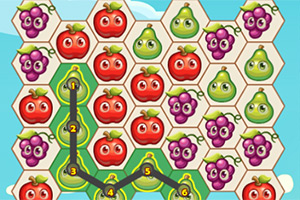 Frutas animadas en celdas hexagonales conectadas por una línea negra, destacando peras, manzanas y uvas