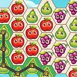 Frutas animadas en celdas hexagonales conectadas por una línea negra, destacando peras, manzanas y uvas