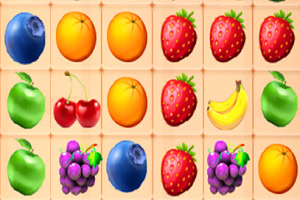 Frutas coloridas dispuestas en una cuadrícula, incluyendo fresas, naranjas, arándanos, cerezas, uvas, manzanas y plátanos