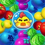 Frutas y verduras coloridas rodean a un personaje de pollo en una burbuja transparente sobre un fondo azul
