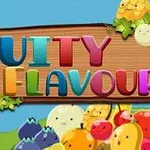 Letrero de madera con la frase Fruity Flavour en letras coloridas rodeado de frutas sonrientes