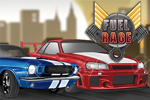 Coches deportivos azul y rojo en una ciudad, con un logo dorado que dice Fuel Rage