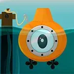 Submarino amarillo anclado bajo el agua al lado de un muelle de madera