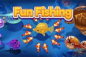 Peces de colores y criaturas marinas con texto Fun Fishing en un fondo azul submarino