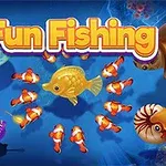Peces de colores y criaturas marinas con texto Fun Fishing en un fondo azul submarino