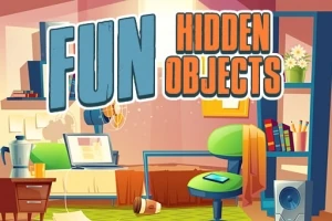 Habitación colorida y desordenada con muebles, objetos ocultos y el texto Fun Hidden Objects en la parte superior