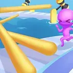 Un personaje púrpura corre en una pista con obstáculos giratorios amarillos sobre un fondo acuático