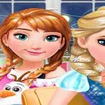 Dos personajes animados con trenzas sonríen, uno con cabello rubio y otro castaño, junto a un muñeco de nieve