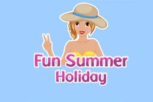 Mujer con sombrero de verano haciendo el signo de paz sobre un fondo azul con texto Fun Summer Holiday