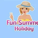 Mujer con sombrero de verano haciendo el signo de paz sobre un fondo azul con texto Fun Summer Holiday