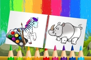 Dibujo de una cebra coloreada y un rinoceronte en un libro para colorear, con pincel, acuarelas y lápices de colores al frente