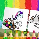 Dibujo de una cebra coloreada y un rinoceronte en un libro para colorear, con pincel, acuarelas y lápices de colores al frente