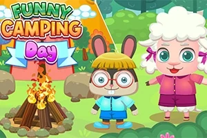 Un conejo con gafas y un cordero vestidos de colores brillantes en un entorno de campamento con una fogata y carpas coloridas
