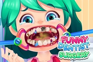 Niña de cabello verde y ojos grandes con la boca abierta mostrando dientes en mal estado, rodeada de herramientas dentales coloridas
