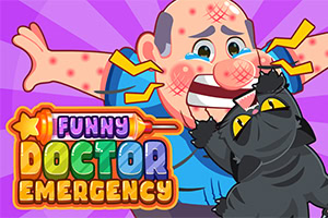 Ilustración caricaturesca de un doctor golpeado y con moretones, junto a un gato negro enojado, con el texto FUNNY DOCTOR EMERGENCY sobre un fondo morado