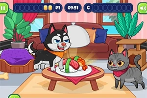 Un perro y un gato animados en una sala colorida observan un plato de comida en una mesa